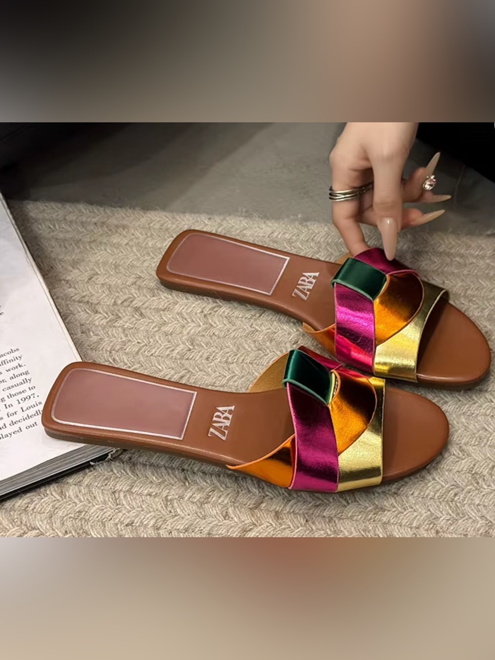 ZARA Metallic Multicolor Knot Slide Sandals in Fuchsia, Gold & Emerald